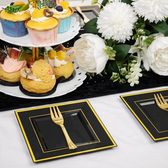 200PCS Black and Gold Plastic Dessert Plates with Plastic Forks -6’’ 100 Square - Picture 5 of 7